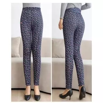 Повседневные брюки из хлопка с высокой талией для пожилых женщин, осенне-зимние теплые толстые узкие брюки с винтажным цветочным принтом 3XL