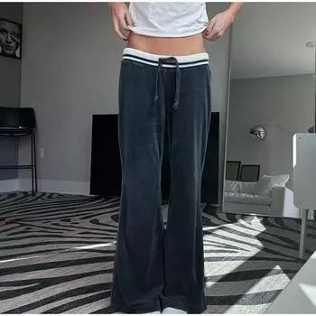 Повседневные брюки из синего бархата, уличные прямые брюки с шитьем, винтажные свободные женские брюки с завязками и низкой талией, базовые, весна-осень 2025 г. S синий
