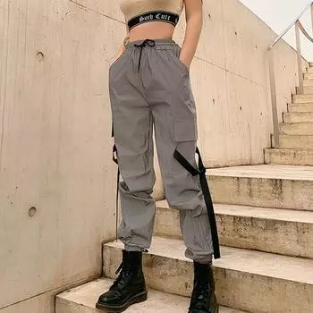 Повседневные брюки-карго со светоотражающими плиссе и высокой талией, женские уличные однотонные брюки на шнуровке, модные свободные женские брюки Spodnie 26198 S орион