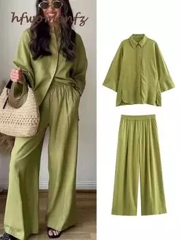 Повседневные брюки, комплект из 2 предметов для женщин, однотонные свободные рубашки с лацканами, топ с высокой талией, широкие брюки, комплекты 2024, летний женский костюм для поездок на работу XS зелёный
