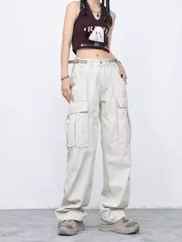 Повседневные брюки, мешковатые широкие брюки-карго, свободные уличные спортивные штаны с большим карманом и высокой талией, женские брюки для бега в стиле хиппи M хаки