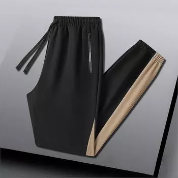 Повседневные брюки, мужские брюки с завязками на щиколотках, весенне-осенние брюки из прохладного шелка и хлопка, свободные спортивные брюки XXXL чёрный