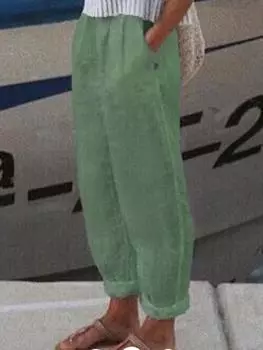 Повседневные брюки прямого покроя из хлопка и льна с карманами для женщин S зелёный