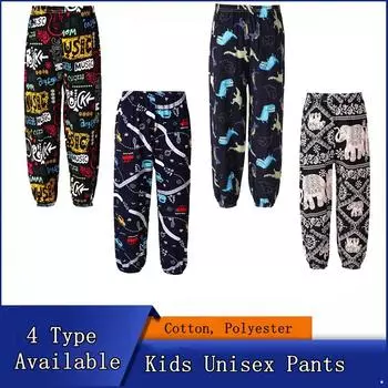 Повседневные брюки с эластичным поясом и принтом для девочек и мальчиков, универсальные брюки для детей, унисекс 3-4Years чёрный/синий