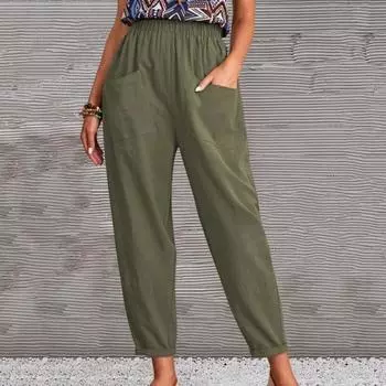 Повседневные брюки с эластичным поясом, универсальные, быстросохнущие, очаровательные свободные хлопковые и льняные повседневные брюки в стиле ретро, женская одежда XL хаки