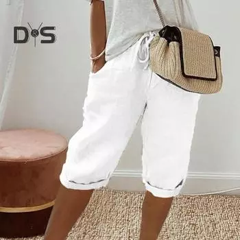 Повседневные брюки с карманами, дышащие, с эластичной резинкой на талии, однотонные, в винтажном стиле, свободные брюки до колена с завязками для женщин XL хаки