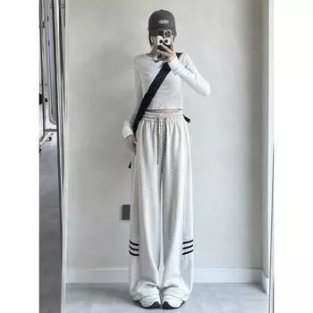 Повседневные брюки с тремя полосками по бокам, женские, весна-осень, новые студенческие спортивные брюки прямого кроя S