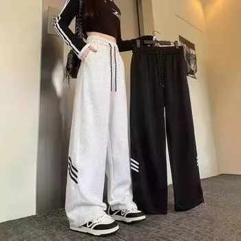 Повседневные брюки с тремя полосками по бокам для женщин на весну и осень, новый стиль, студенческие корейские спортивные прямые брюки, белые, серые, черные S