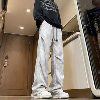 Повседневные брюки Весна и Осень Американский тай-дай Летние Широкие прямые Свободные M серый