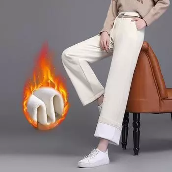 Повседневные брюки женские плюс бархат зимние теплые однотонные с высокой талией свободные широкие брюки универсальные прямые удобные джоггеры Ulzzang M чёрный