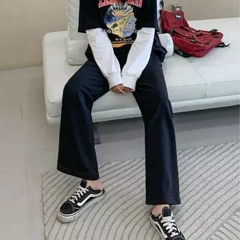 Повседневные брюки женские весенне-осенние широкие брюки с высокой посадкой тонкая секция однотонные содержащие хлопок прямые брюки S чёрный