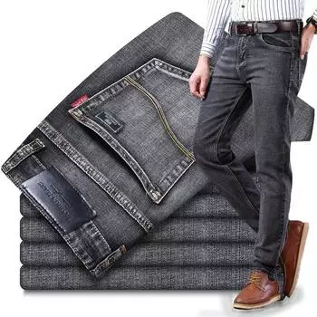 Повседневные демисезонные мужские эластичные джинсовые брюки в классическом стиле прямого кроя 40