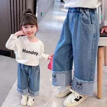 Повседневные детские свободные джинсы для девочек, весенние модные детские брюки для девочек, джинсы для детей 120cm синий