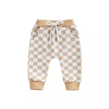 Повседневные длинные штаны для малышей, 6 мес, 12 мес, 18 мес, 24 мес, 3 года, модные брюки со средней талией и карманами на завязках и принтом в шахматном порядке