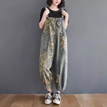 Повседневные джинсовые комбинезоны больших размеров с цветочным принтом для женщин, свободные широкие джинсы, комбинезон и комбинезон-карго на бретелях, мешковатые брюки S синий