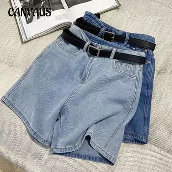 Повседневные джинсовые шорты с буквой «А» и высокой талией. Женские летние брюки средней длины. Свободные прямые широкие шорты. S синий