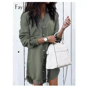 Повседневные джинсовые женские топы и блузки, черные однотонные женские платья с длинными рукавами и свободные рубашки с отложным воротником L чёрный