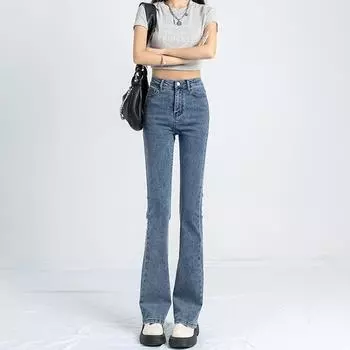 Повседневные джинсы Bootcut с флисовой подкладкой, джинсовые брюки с эластичными косыми карманами и высокой талией, женские джинсовые джинсы и одежда S