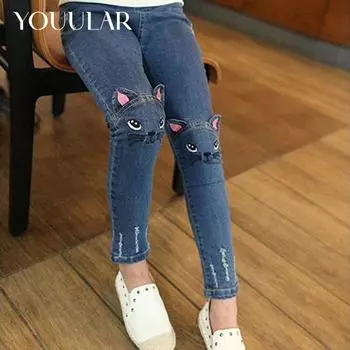 Повседневные джинсы для девочек, детские брюки с милым котом, детские джинсы, одежда для девочек, весенние и осенние брюки 100