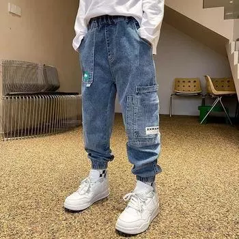 Повседневные джинсы для мальчиков на весну и осень, повседневные брюки для детей среднего и старшего возраста 170