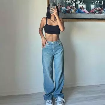 Повседневные джинсы с высокой талией и широкими штанинами, женские весенние мешковатые карманы на молнии, простые джинсовые брюки для поездок на работу, прямые брюки S темно-синий