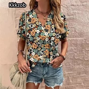 Повседневные футболки Crushed Flower, уличная одежда, повседневные женские топы, футболка с коротким рукавом и V-образным вырезом, женская мода, свободная одежда больших размеров S