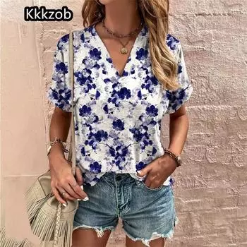 Повседневные футболки Crushed Flower, уличная одежда, повседневные женские топы, футболка с коротким рукавом и V-образным вырезом, женская мода, свободная одежда больших размеров S