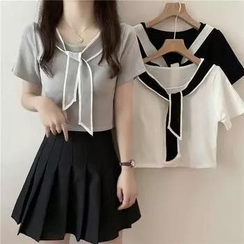 Повседневные футболки для девочек Лоскутная уличная одежда Модные женские футболки Женская одежда для вечеринок Топы для отдыха M чёрный