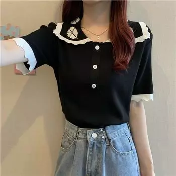 Повседневные футболки для девочек, поло с пуговицами, женские футболки с коротким рукавом, простая повседневная одежда для улицы, топы для девочек M абрикосовый