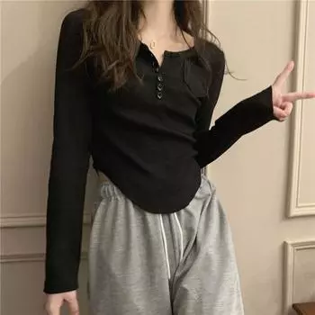 Повседневные футболки для девочек, женские футболки с круглым воротником, на пуговицах, сексуальные женские топы с длинным рукавом, однотонные футболки S белый