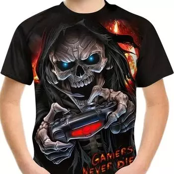 Повседневные футболки с 3D-печатью для мальчиков и девочек, креативная футболка с принтом «Череп сумасшедшего геймера» для детей 100cm