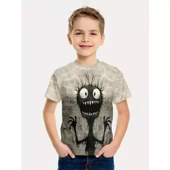 Повседневные футболки с короткими рукавами и 3D принтом мультфильма «Забавный монстр» для мальчиков, удобные летние уличные модные топы для мальчиков и девочек 100