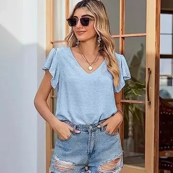 Повседневные футболки с V-образным вырезом и оборками на рукавах для женщин, летние модные однотонные свободные топы, милые розовые женские рубашки Blusas Mujer 26487 S чёрный