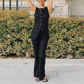 Повседневные хлопковые длинные юбки, женские летние элегантные однобортные безрукавки с карманами, жилет с высокой талией, разрезные макси-юбки, костюмы из 2 предметов S белый