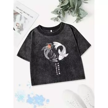 Повседневные хлопковые кроп-топы женские с японскими принтами кои, выстиранные футболки, уличная одежда с круглым вырезом, обычная посадка, уличная одежда, сексуальная одежда M