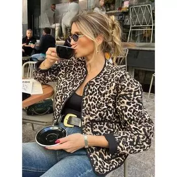 Повседневные хлопковые пальто с леопардовым принтом для женщин, осенняя однобортная куртка с карманами, длинными рукавами и круглым вырезом, модная уличная куртка M