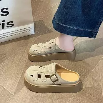 Повседневные и легкие ретро-тапочки-мешки на толстой подошве, женская верхняя одежда, новинка 2025 года, римские сандалии с одной педалью, увеличивающие рост 34 верблюд