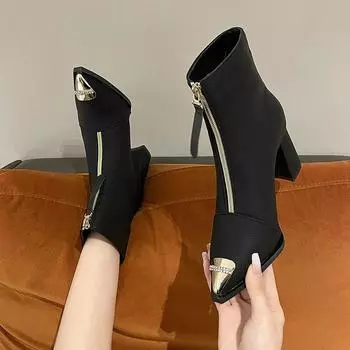 Повседневные и универсальные женские туфли на квадратном каблуке 2024 года, женские современные ботинки с застежкой-молнией спереди, модные и простые зимние туфли на высоком каблуке 35 бежевый