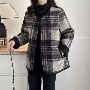 Повседневные клетчатые куртки с круглым вырезом женские винтажные свободные теплые однобортные куртки с карманами женские пальто весна осень универсальная верхняя одежда XL чёрный/белый