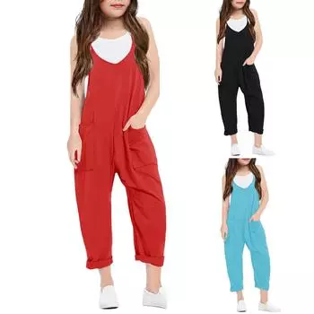 Повседневные комбинезоны без рукавов для девочек, свободные длинные брюки на бретельках с карманами 120 чёрный