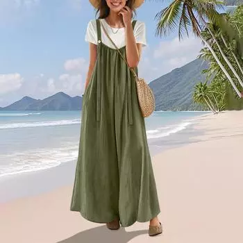 Повседневные комбинезоны с широкими штанинами для женщин, комбинезоны, летние наряды с карманами L