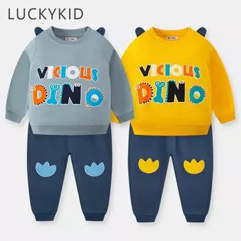 Повседневные комплекты детской одежды, весенне-осенний пуловер с длинными рукавами и буквенным принтом из мультфильма для мальчиков, рубашки, топы + брюки, костюм из 2 предметов, От 2 до 8 лет 18M