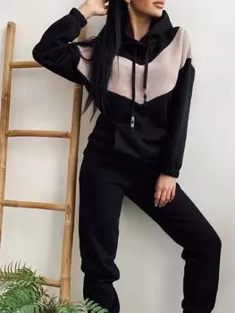 Повседневные комплекты для женщин, винтажная уличная мода, комплект из 2 предметов, однотонные карманы, длинный рукав, капюшон, 2024, новые комплекты брюк на осень-зиму S чёрный