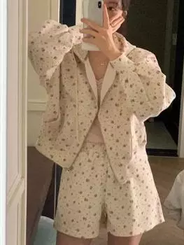 Повседневные комплекты из двух предметов с цветочным принтом в стиле пэчворк, женское пальто с длинными рукавами, широкие короткие брюки, женские ретро милые карманы, тонкие уличные костюмы S серый