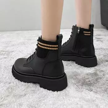Повседневные короткие ботинки из натуральной мягкой кожи, осенне-зимние, на толстой подошве, нескользящие, повседневные, со шнуровкой, универсальные, женские 40 чёрный