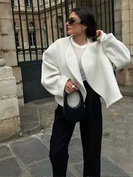 Повседневные короткие куртки женские элегантные свободные с круглым вырезом однотонные уличные кардиганы женские с длинными рукавами верхняя одежда женские S белый