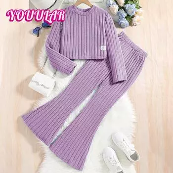 Повседневные костюмы для девочек 2025 Весна Осень Новые топы с длинными рукавами Брюки клеш Детская одежда 7-8Y фиолетовый