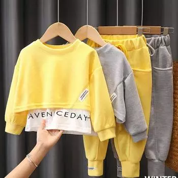 Повседневные костюмы-двойки с буквенным принтом для девочек - Весна/Осень 2024 140cm серый