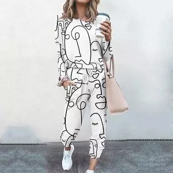 Повседневные костюмы Женский костюм Пуловер с длинными рукавами Спортивный костюм для женщин Повседневный комплект из двух предметов Брюки и спортивный костюм Топ с эластичной резинкой на талии Женские костюмы L синий