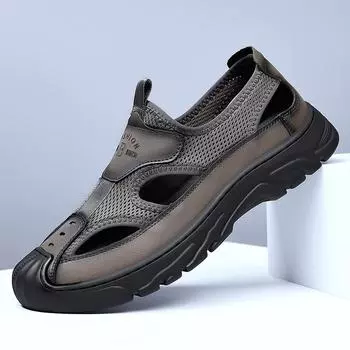 Повседневные кожаные мужские сандалии в стиле ретро, летняя обувь с вырезами, модная повседневная пляжная обувь для отдыха на открытом воздухе, дышащая мужская обувь для ходьбы 38 чёрный